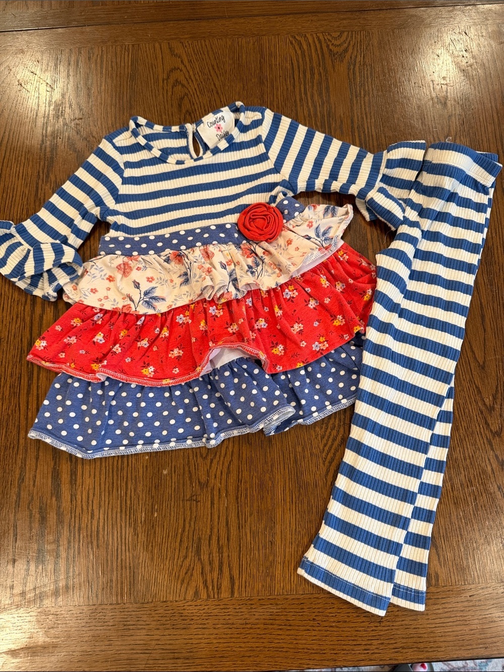 Counting Daisies Blue & Red Striped Floral Ruffle Matching shirt/pant Set•Size 4